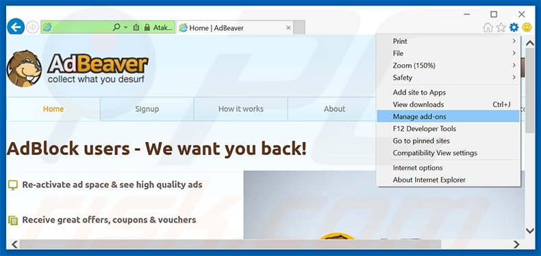 Removing AdBeaver ads from Internet Explorer step 1