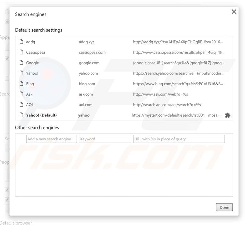 Removing addg.xyz from Google Chrome default search engine