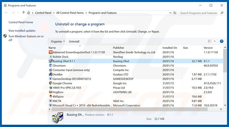 BuzzingDhol adware uninstall via Control Panel