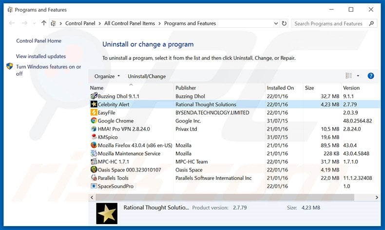 Celebrity Alert adware uninstall via Control Panel