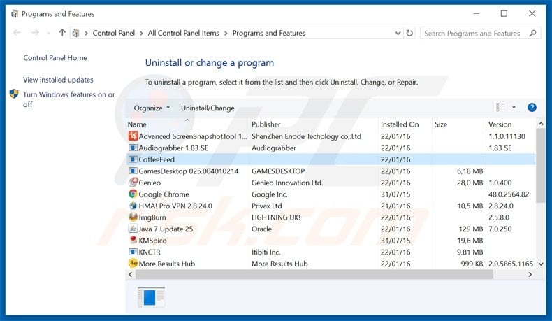 coffeefeed adware uninstall via Control Panel