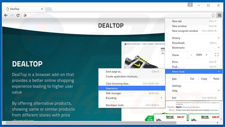 Removing DealTop  ads from Google Chrome step 1