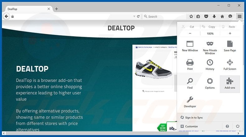 Removing DealTop ads from Mozilla Firefox step 1