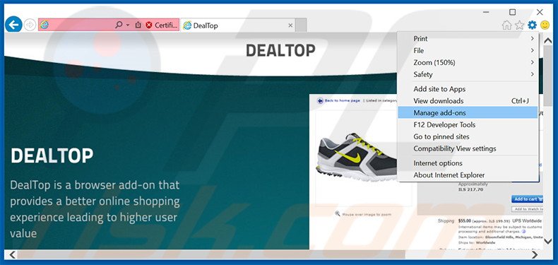 Removing DealTop ads from Internet Explorer step 1