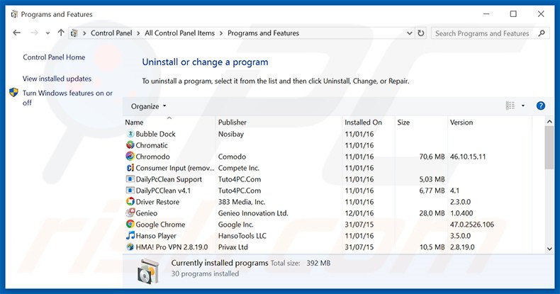 DealTop adware uninstall via Control Panel