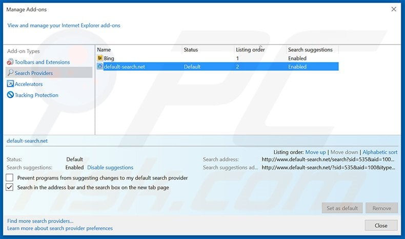 Removing default-search.net from Internet Explorer default search engine