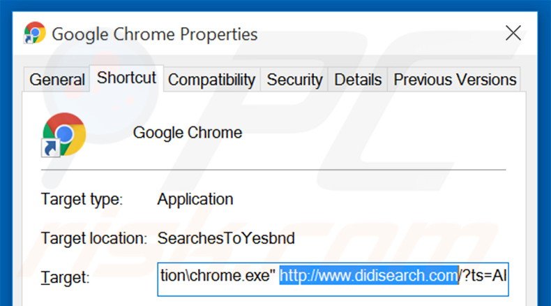 Removing didisearch.com from Google Chrome shortcut target step 2