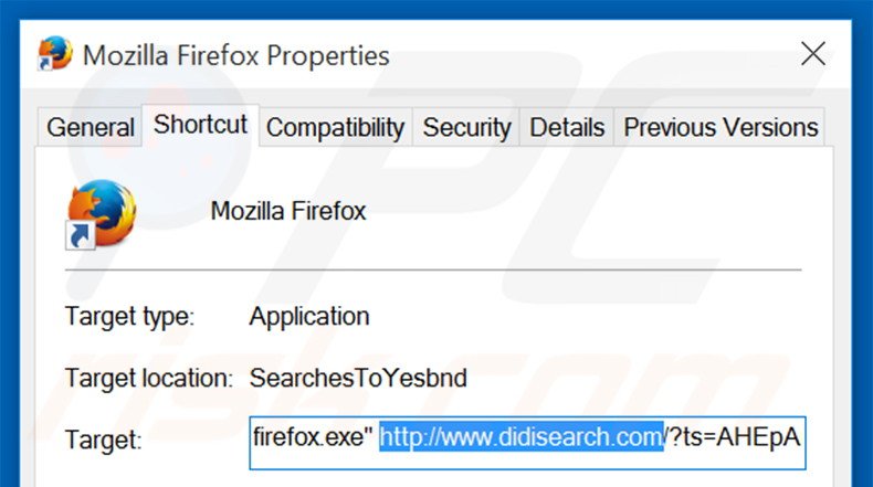 Removing didisearch.com from Mozilla Firefox shortcut target step 2
