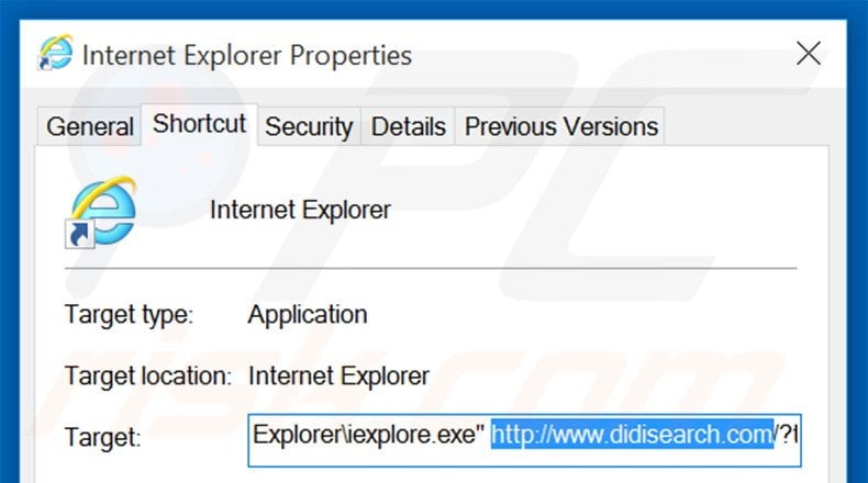 Removing didisearch.com from Internet Explorer shortcut target step 2