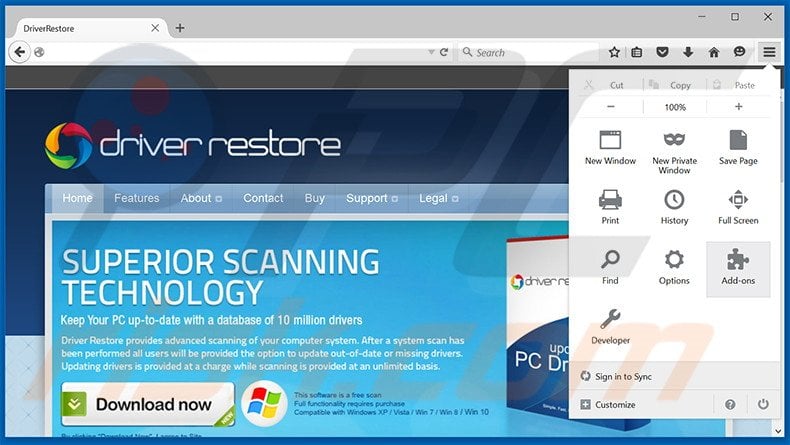 Removing Driver Restore ads from Mozilla Firefox step 1