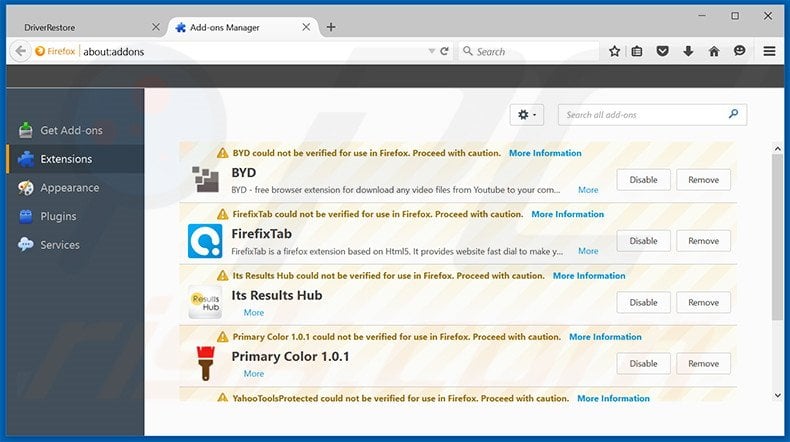 Removing Driver Restore ads from Mozilla Firefox step 2