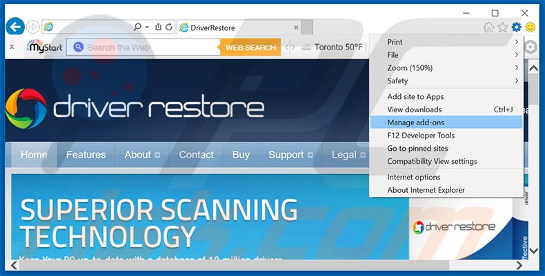 Removing Driver Restore ads from Internet Explorer step 1