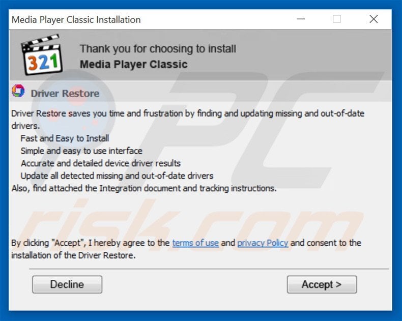 Delusive installer promoting Driver Restore