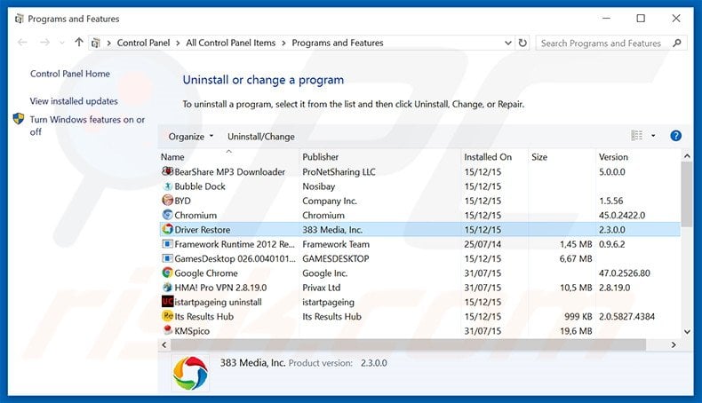 Driver Restore adware uninstall via Control Panel