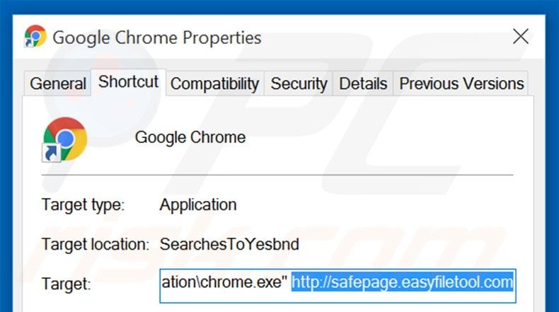 Removing safepage.easyfiletool.com from Google Chrome shortcut target step 2