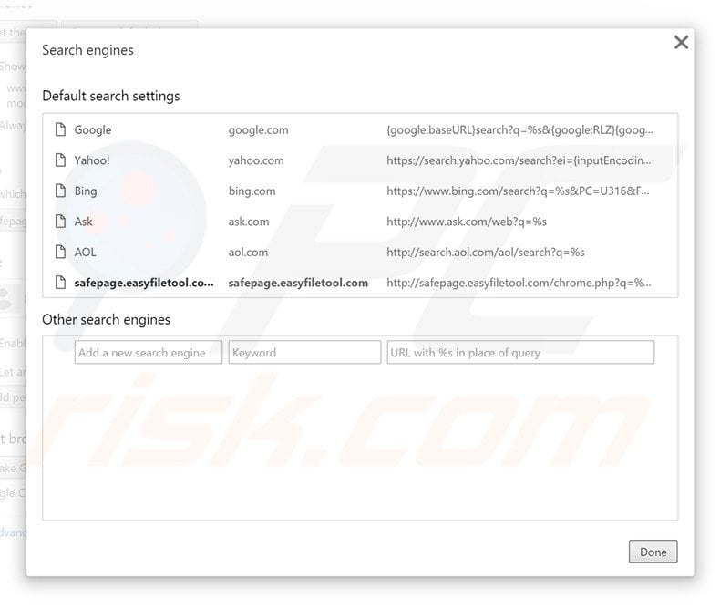 Removing safepage.easyfiletool.com from Google Chrome default search engine