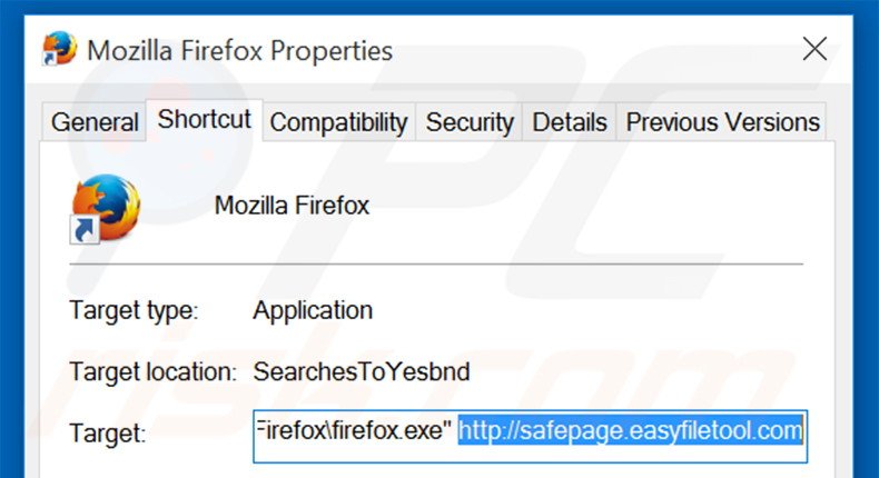 Removing safepage.easyfiletool.com from Mozilla Firefox shortcut target step 2