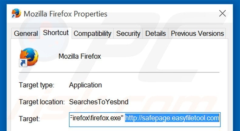 Removing safepage.easyfiletool.com from Mozilla Firefox shortcut target step 2