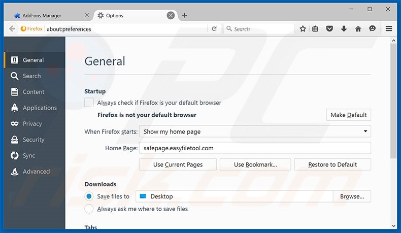 Removing safepage.easyfiletool.com from Mozilla Firefox homepage
