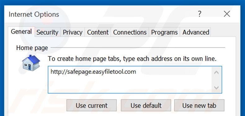 Removing safepage.easyfiletool.com from Internet Explorer homepage