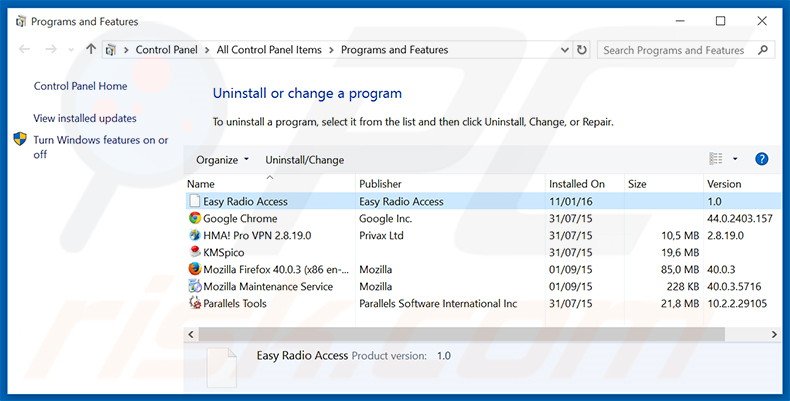 search.easyradioaccess.com browser hijacker uninstall via Control Panel