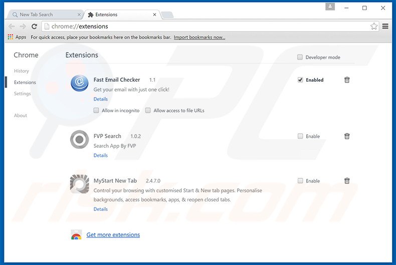 Removing Fast Email Checker related Google Chrome extensions
