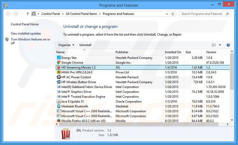 HD Streaming Movies adware uninstall via Control Panel