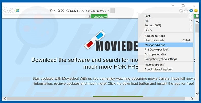Removing MovieDea ads from Internet Explorer step 1