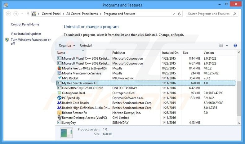 my bee search browser hijacker uninstall via Control Panel
