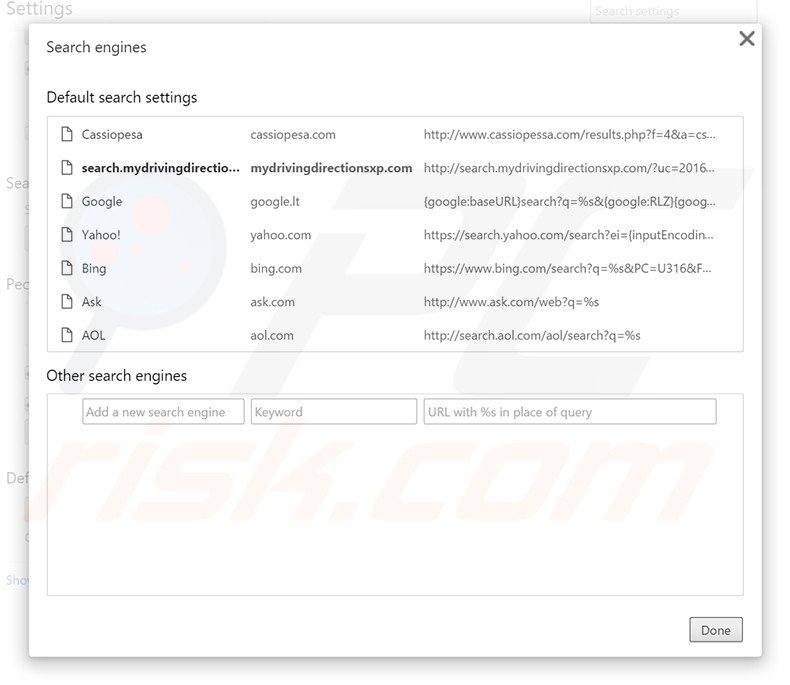 Removing search.mydrivingdirectionsxp.com from Google Chrome default search engine