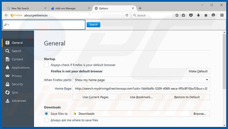 Removing search.mydrivingdirectionsxp.com from Mozilla Firefox homepage
