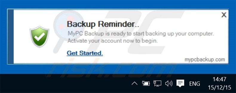 Desktop pop-up ads generated by MyPC Backup