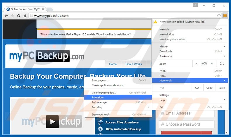 Removing MyPC Backup  ads from Google Chrome step 1