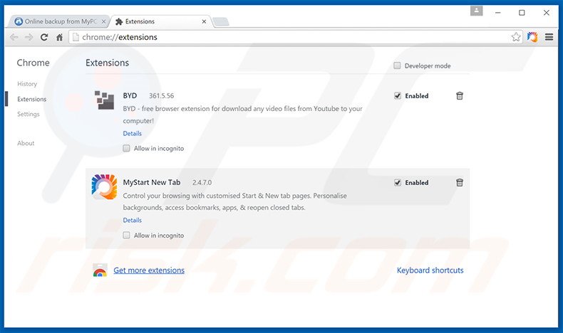 Removing MyPC Backup ads from Google Chrome step 2