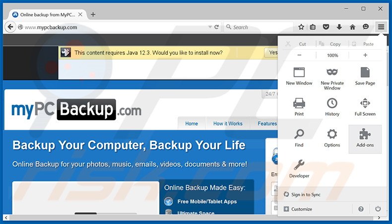 Removing MyPC Backup ads from Mozilla Firefox step 1