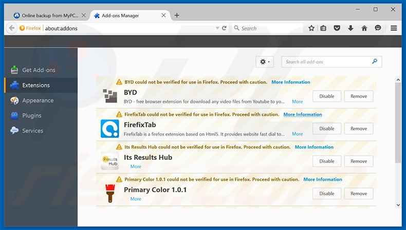 Removing MyPC Backup ads from Mozilla Firefox step 2