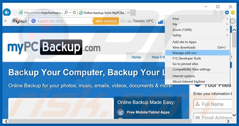Removing MyPC Backup ads from Internet Explorer step 1