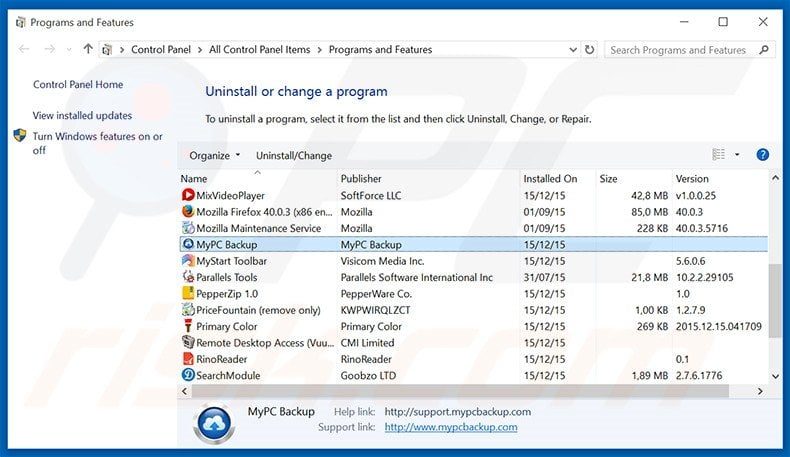 MyPC Backup adware uninstall via Control Panel