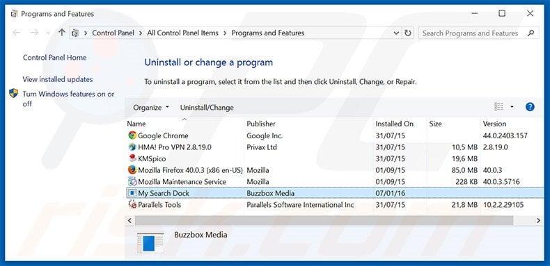 My Search Dock adware uninstall via Control Panel