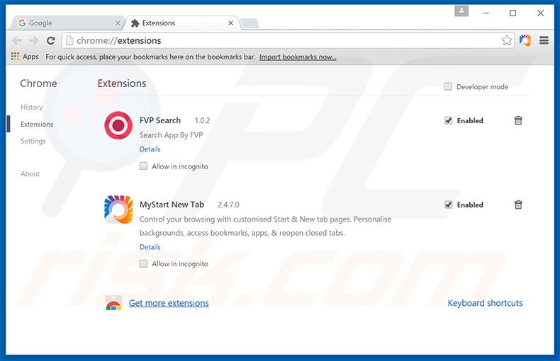 Removing newsearch123.com related Google Chrome extensions
