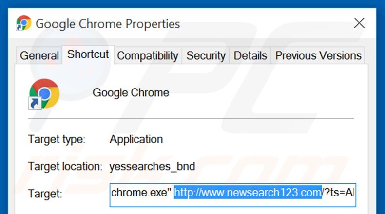 Removing newsearch123.com from Google Chrome shortcut target step 2
