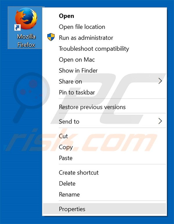 Removing newsearch123.com from Mozilla Firefox shortcut target step 1