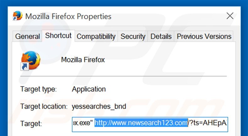 Removing newsearch123.com from Mozilla Firefox shortcut target step 2