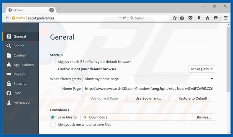 Removing newsearch123.com from Mozilla Firefox homepage