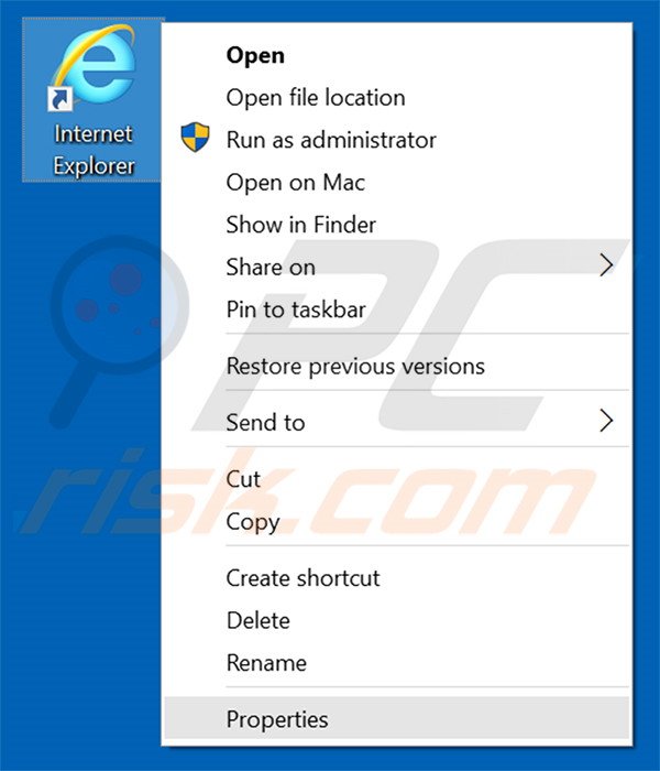 Removing newsearch123.com from Internet Explorer shortcut target step 1