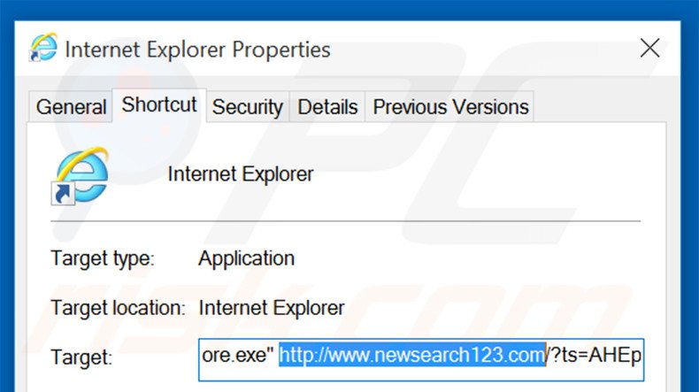 Removing newsearch123.com from Internet Explorer shortcut target step 2