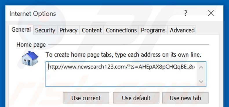 Removing newsearch123.com from Internet Explorer homepage