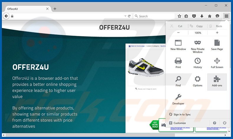 Removing Offerz4U ads from Mozilla Firefox step 1