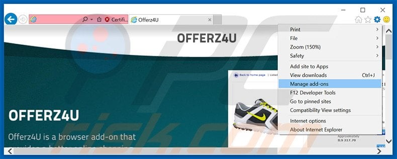 Removing Offerz4U ads from Internet Explorer step 1