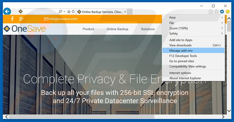 Removing OneSave ads from Internet Explorer step 1